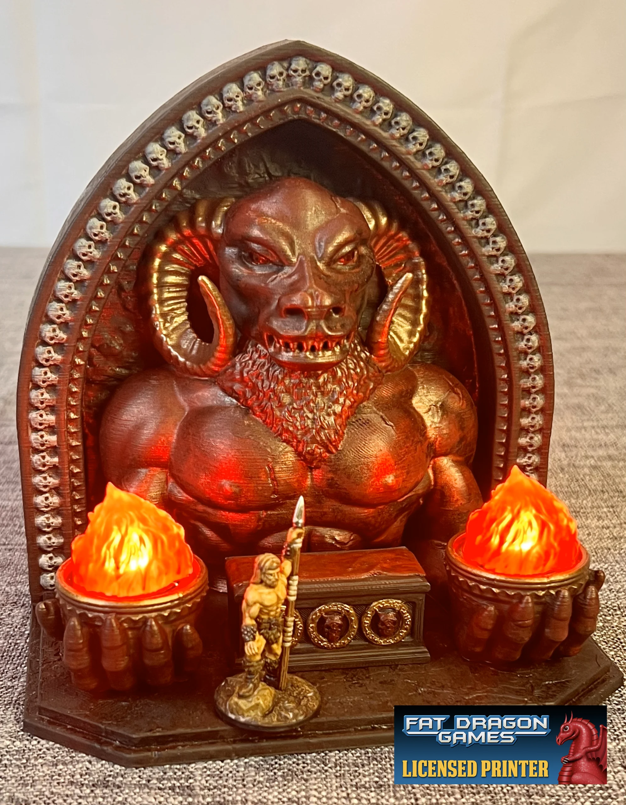 3D printed sinister undead altar shrine terrain with glowing LED-lit centerpiece for tabletop RPG dungeon scenery.